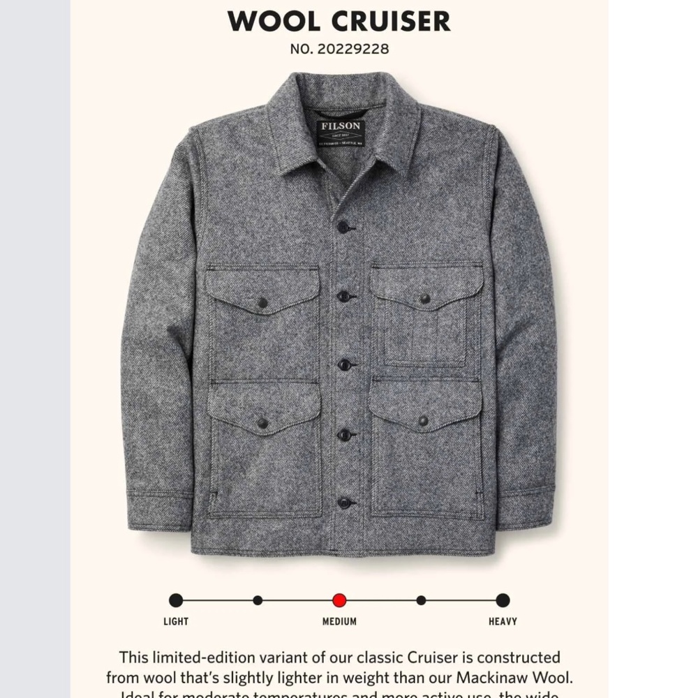 Filson Wool Cruiser Gray Twill NWT